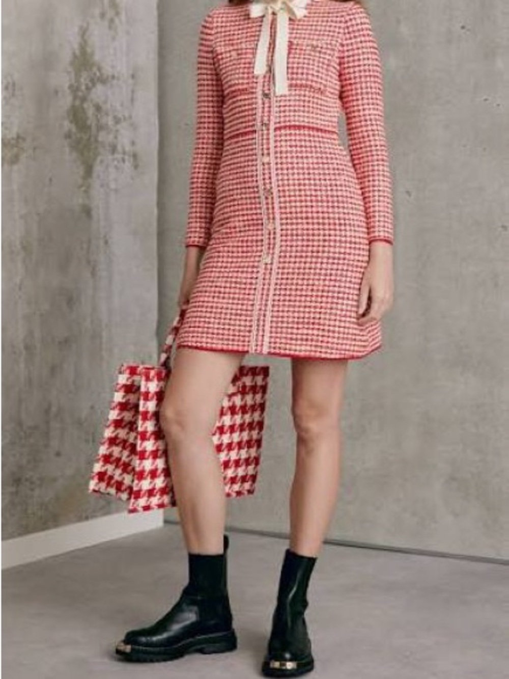 Sandro Red and White Houndstooth Knit Blazer Dress - Picture 6 of 9